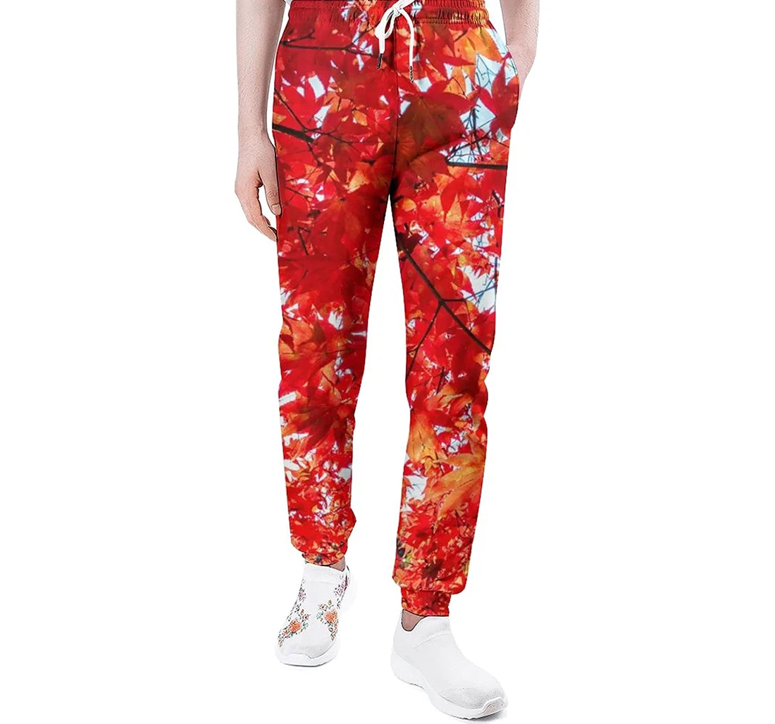Personalized Pants,autumn Fall Red Maple Leaves Sweatpants, Joggers Pants With Drawstring For Men, Women