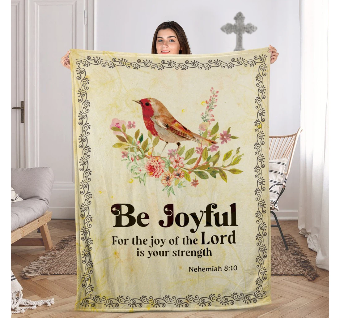 Throw Blanket, Quilt - The Joyful Is Your Strength Robin Redbreast Bird Christian Sherpa Fleece