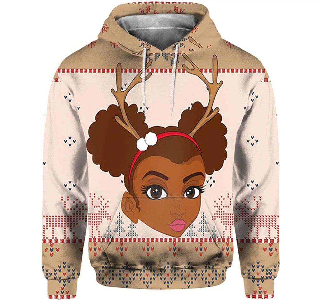 Girl Christmas Wearing Horns - 3D Printed Pullover Hoodie