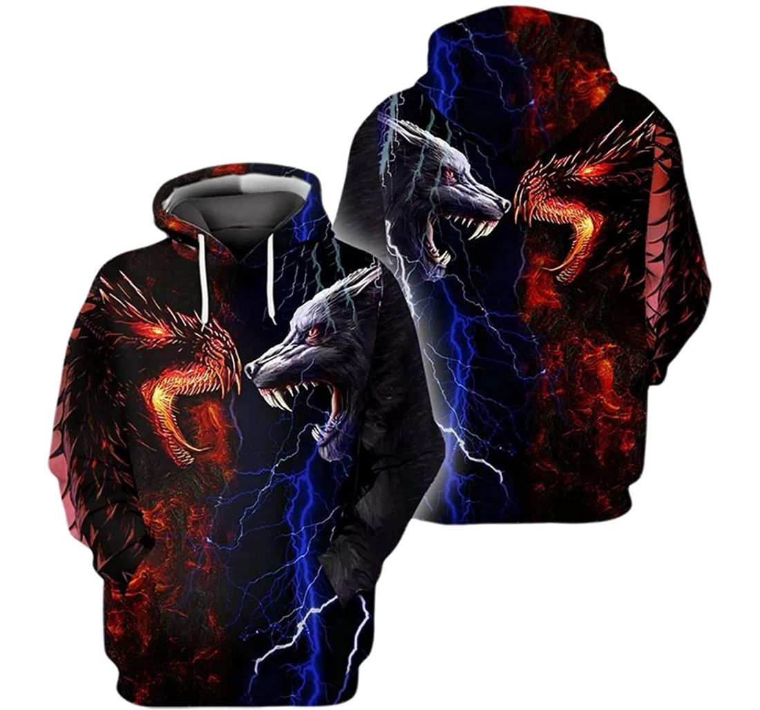 Personalized Fire Dragon Vs Water Wolf - 3D Printed Pullover Hoodie