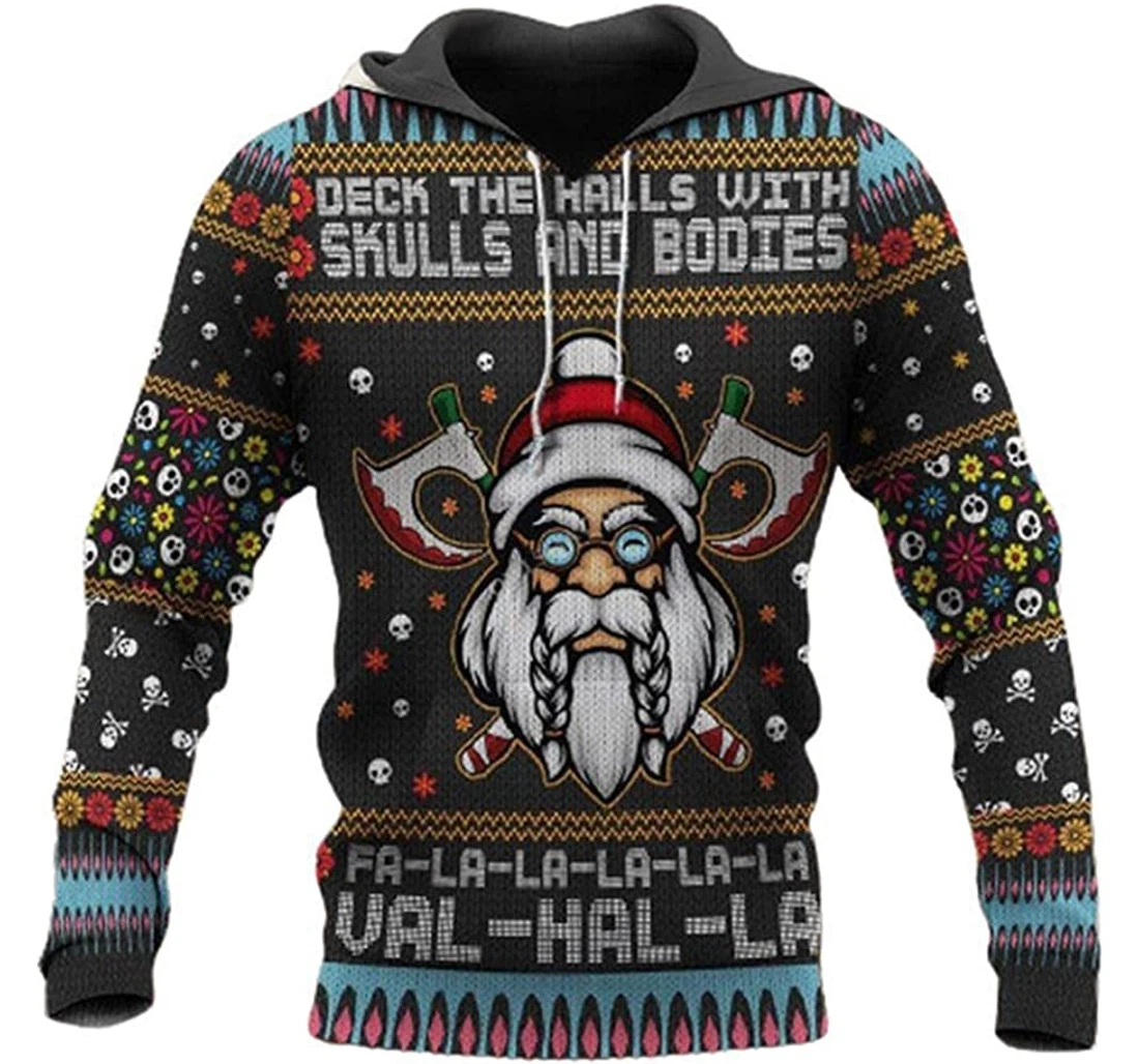 Viking Merry Christmas Santa Claus The Halls With Skulls Bodies Falala Valhalla - 3D Printed Pullover Hoodie