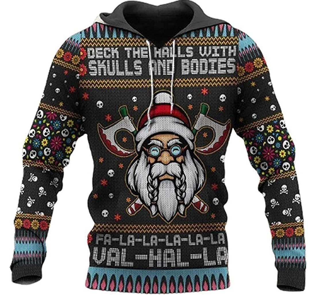 Viking Santa Christmas Deck The Halls With Skulls Bodies Falalalalala Valhalla Pefect - 3D Printed Pullover Hoodie