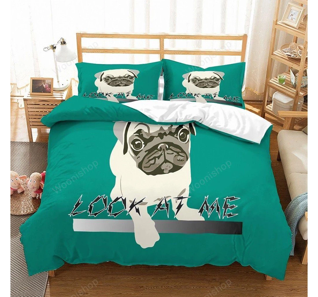Personalized Bedding Set - Handdrawing Pug Dog Look At Me Green Animal Double Included 1 Ultra Soft Duvet Cover or Quilt and 2 Lightweight Breathe Pillowcases