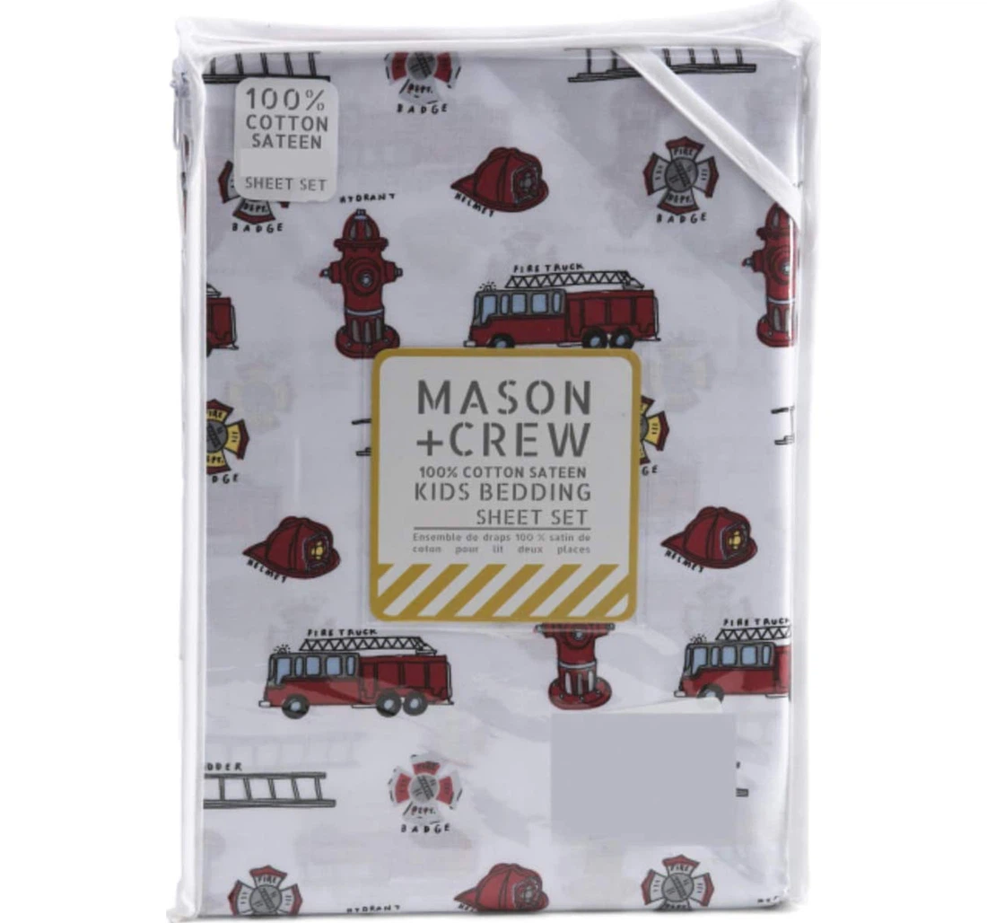 Personalized Bedding Set - Mason Crew Fire Truck Fire Engine Cotton Sateen White Included 1 Ultra Soft Duvet Cover or Quilt and 2 Lightweight Breathe Pillowcases