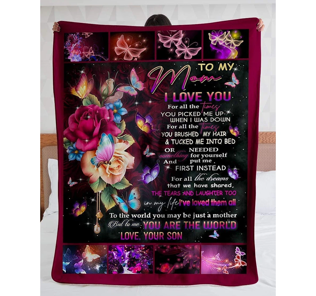 Throw Blanket, Quilt - Personalized To My Mom Purple Flowers Butterfly From Son I Love You All The Times Customized Name Family Gifts Mom Mother's Day Sherpa Fleece