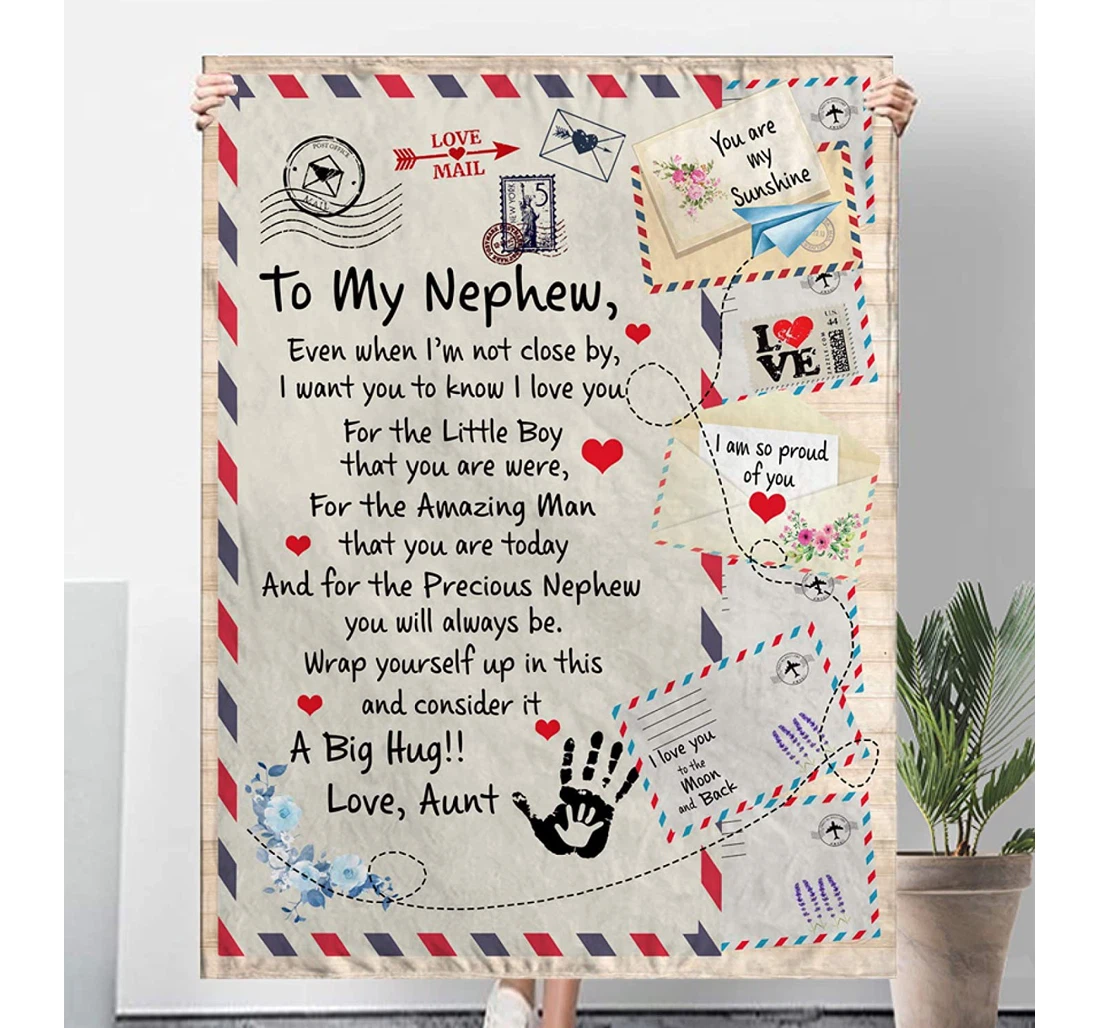 Throw Blanket, Quilt - Personalized To My Nephew Love Letter Envelope From Aunt Love You Wrap Yourself Up A Big Hug Customized Christmas Air Mail Letter Sherpa Fleece