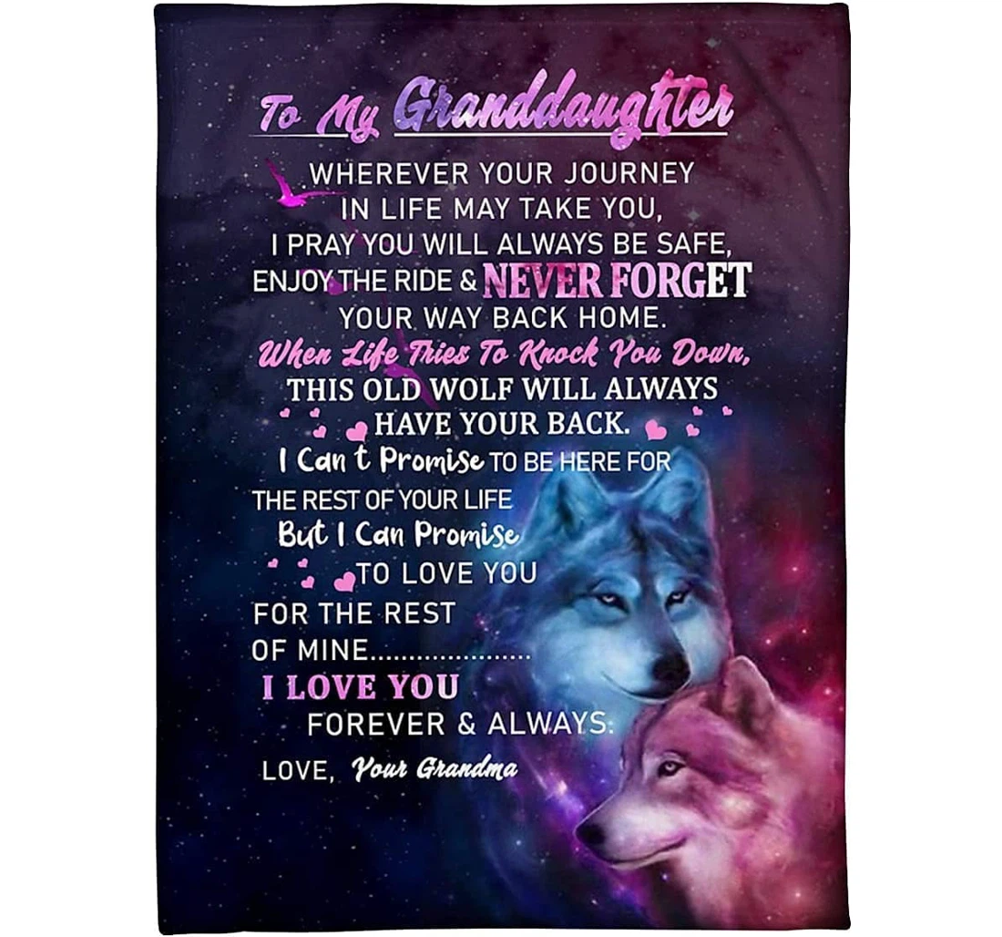 Throw Blanket, Quilt - Personalized To My Granddaughter From Grandma Print Novelty Wolf Family Wherever Your Journey I Pray You'll Always Be Safe Granddaughter Gifts Xmas Sherpa Fleece