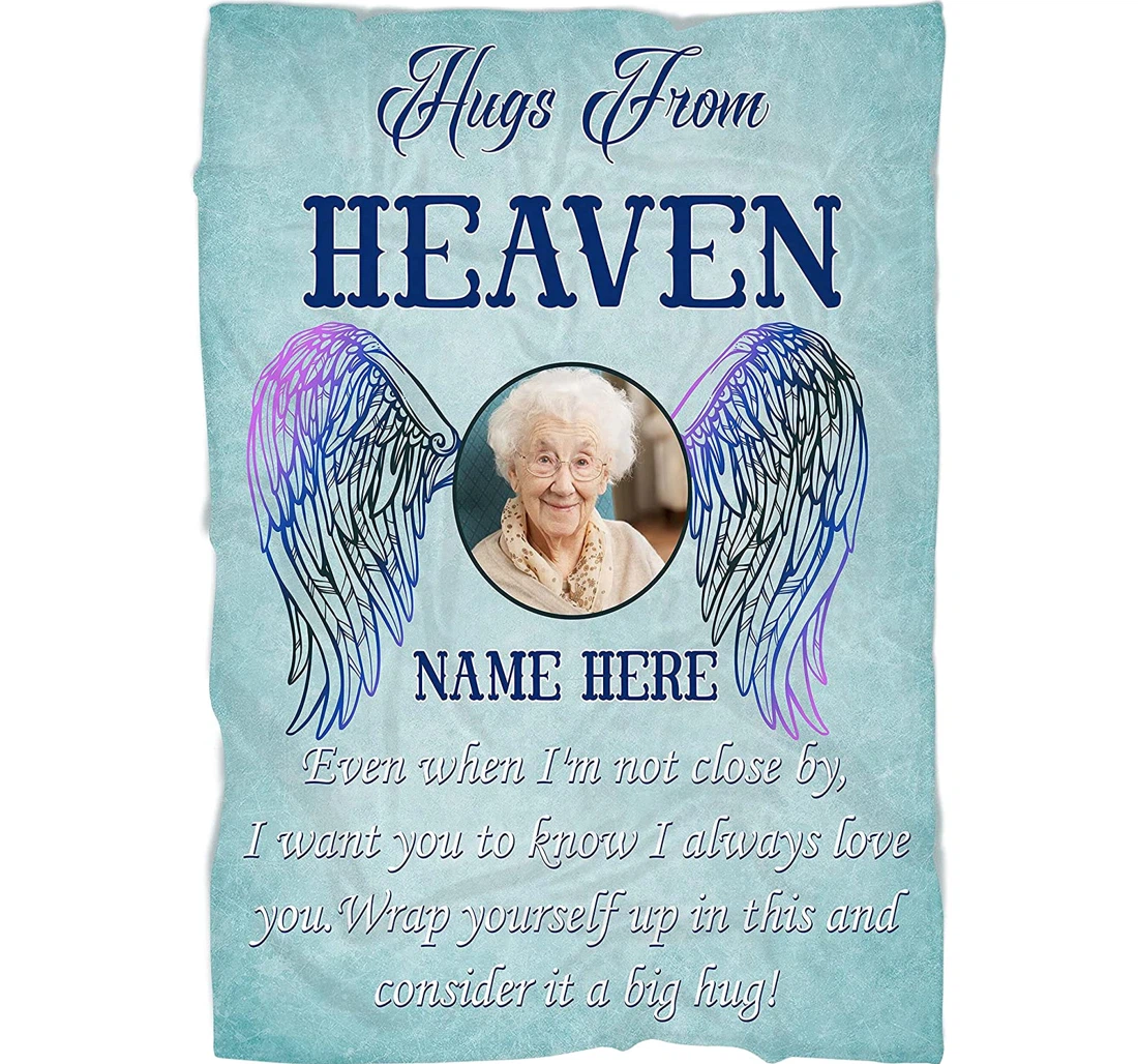 Throw Blanket, Quilt - Personalized Memorial Hug From Heaven Customized Name Photo Gifts Angel Wing Bereavement Sympathy Gifts Loss Of Father Mother Husband Wife Memorial Sherpa Fleece