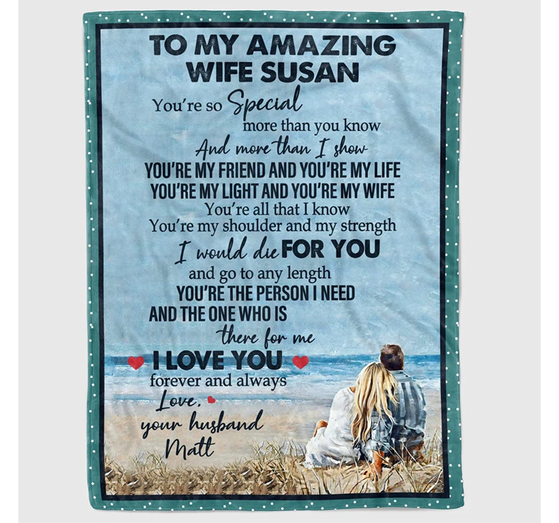 Throw Blanket, Quilt - Personalized Romantic To My Wife From Husband Romantic Saying Couple In Love In Beach Sea Shore Gifts Valentines Day Customized Wedding Sherpa Fleece