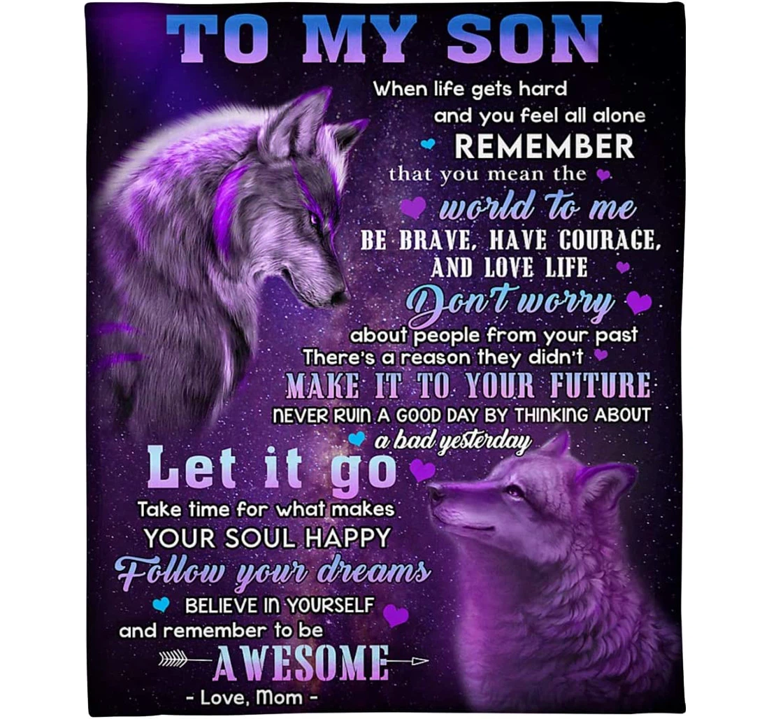 Throw Blanket, Quilt - Personalized To My Son Wolf From Mom Customized Print Wolf Mother And Baby Warmth Purple Gifts Son Sherpa Fleece