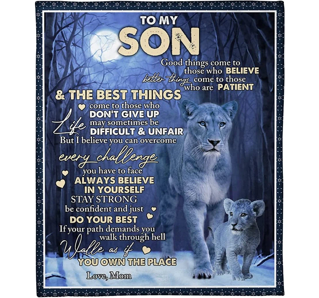 Throw Blanket, Quilt - Personalized To My Son Lion Family From Mom Customized Mother And Baby Lion In The Dark Gifts Son Sherpa Fleece