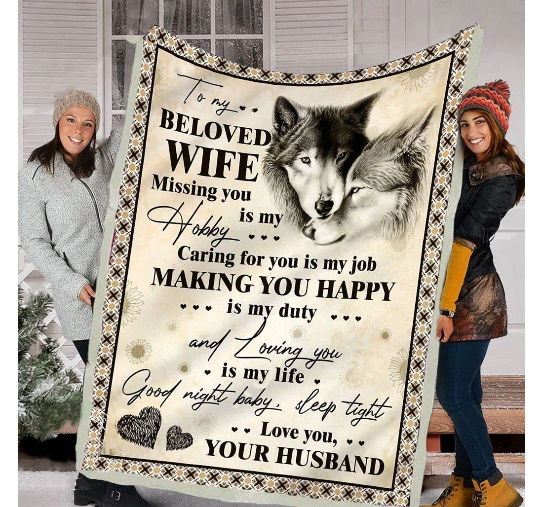 Throw Blanket, Quilt - Personalized Wolf To My Beloved Wife From Husband Custom Name Warmth Print Couple Wolf White Black Customized Gifts Valentines Sherpa Fleece