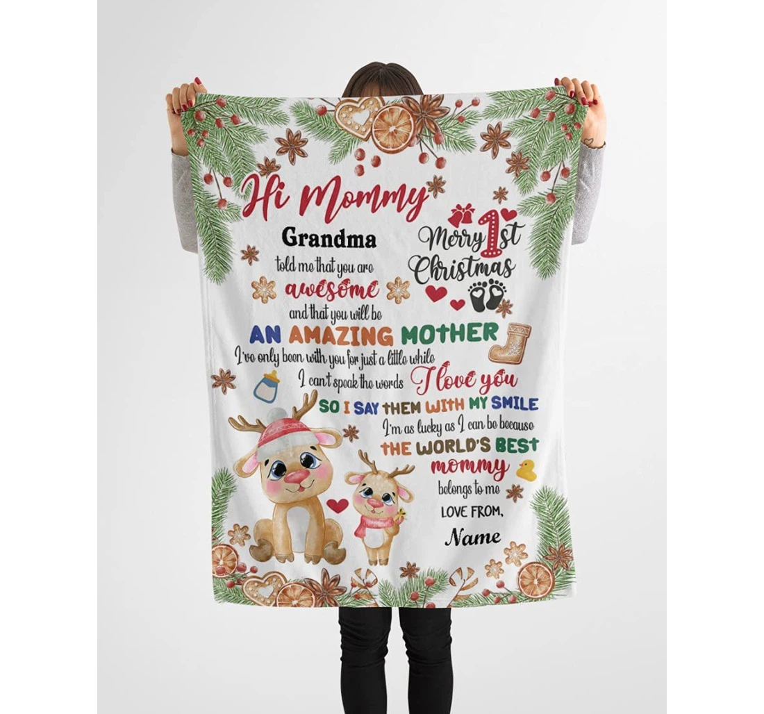 Throw Blanket, Quilt - Personalized Family To New Mom From Baby And Grandma Custom Name Print Cute Reindeer In Xmas Quilts Gifts Sherpa Fleece