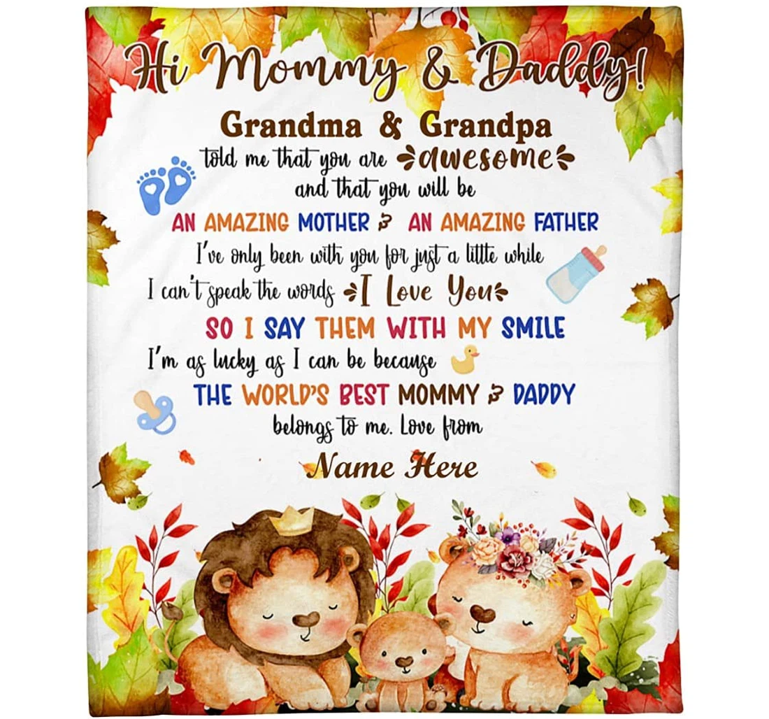 Throw Blanket, Quilt - Personalized Hi Mommy And Daddy Lion Family New Parent From Baby Bump Meaningful Sayings Customized Gifts First Autumn Sherpa Fleece