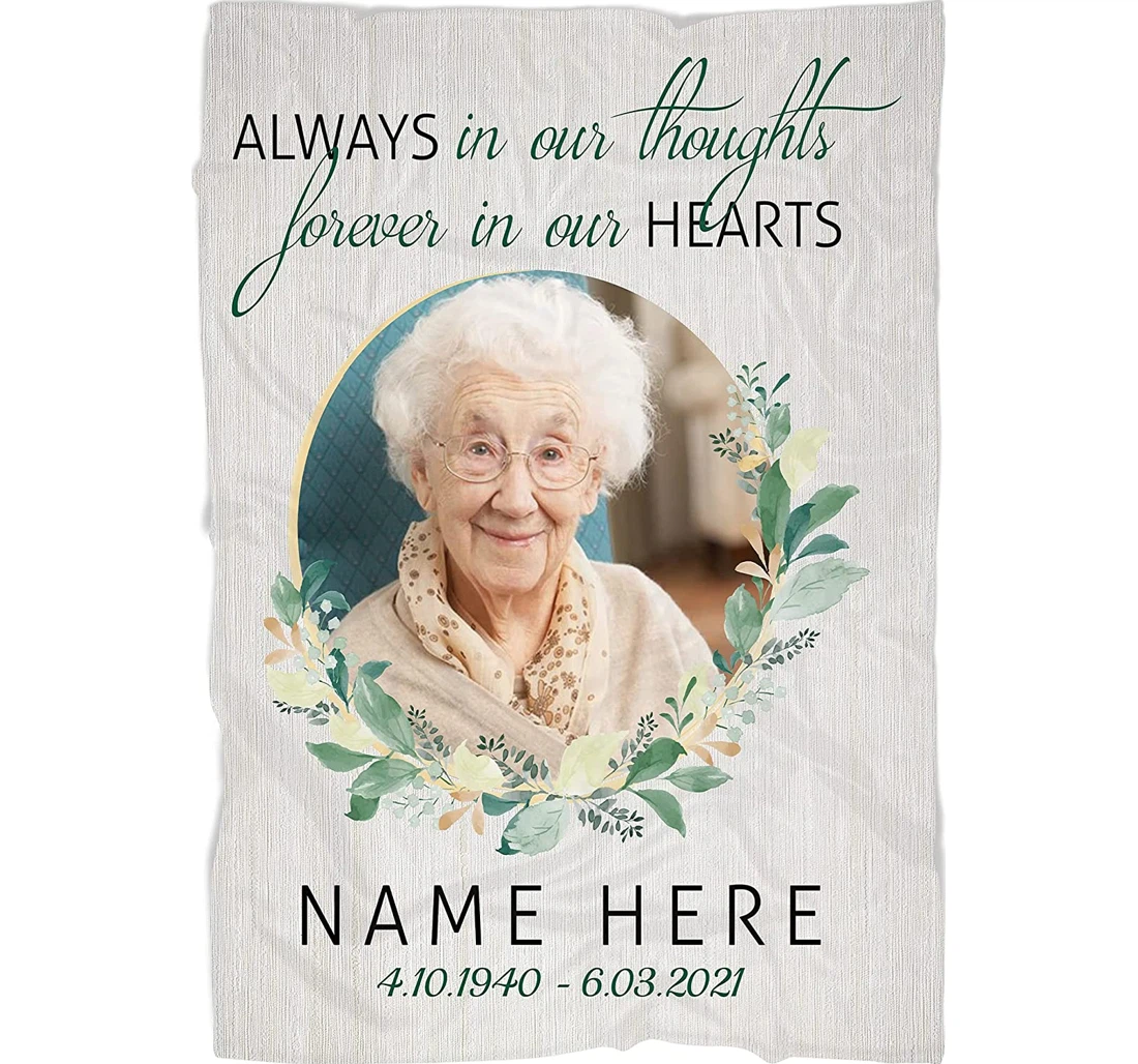 Throw Blanket, Quilt - Personalized Photo Memorial Loss Lover In Heaven Forever In Our Hearts Custom Name And Year Memorial Image With Flower Wreath Customized Gifts Sherpa Fleece