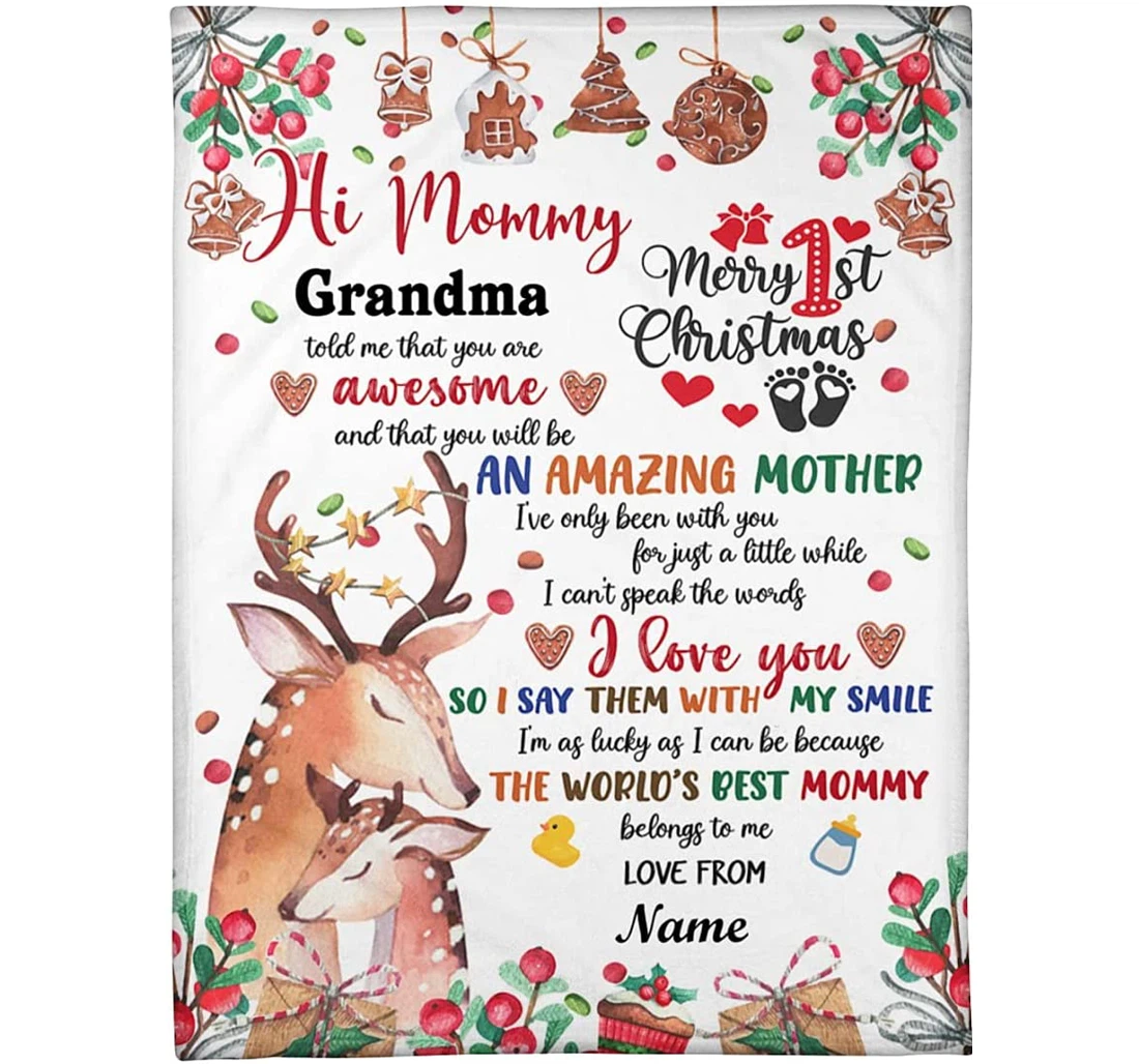 Throw Blanket, Quilt - Personalized New Mommy From Baby Grandma Customized Mother And Baby Deer In Xmas Decoration Gifts Expecting Mom Sherpa Fleece