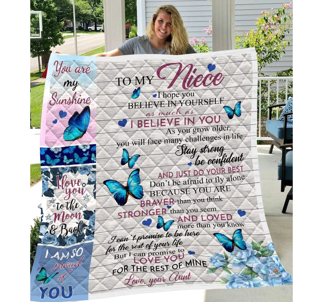 Throw Blanket, Quilt - Personalized To My Niece From Aunt Auntie Print Blue Butterflies Flower Customized Micro Light Weight Family Gifts Sherpa Fleece