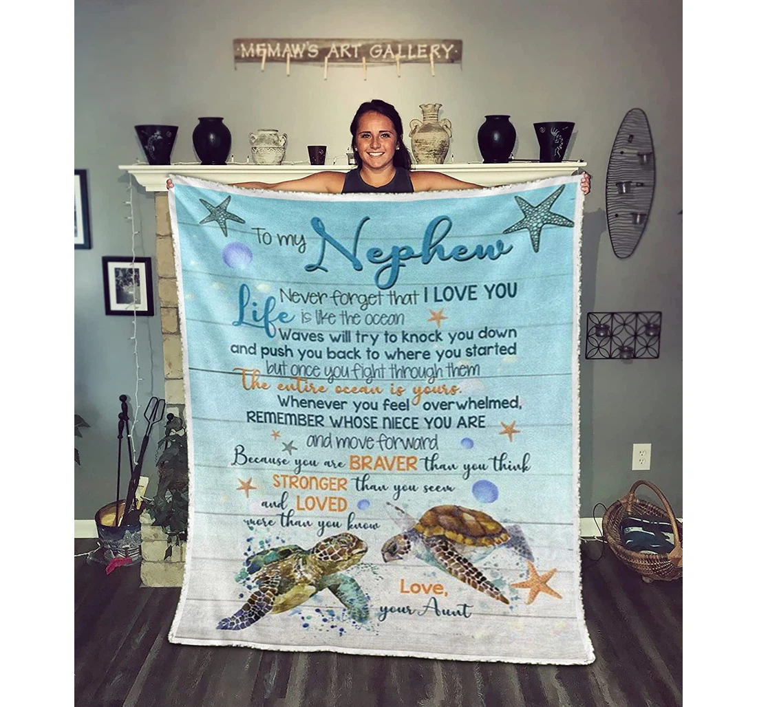 Throw Blanket, Quilt - Personalized To My Nephew Turtle From Aunt Customized Print Green Turtles In The Ocean Gifts Sherpa Fleece