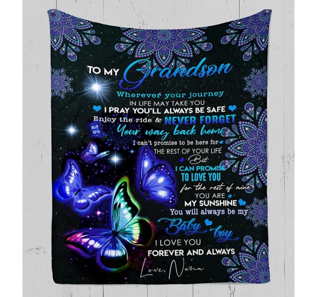 Throw Blanket, Quilt - Personalized To My Grandson From Grandma Nana Print Blue Butterflies Lotus Custom Light Weight Family Gifts Grandson Sherpa Fleece