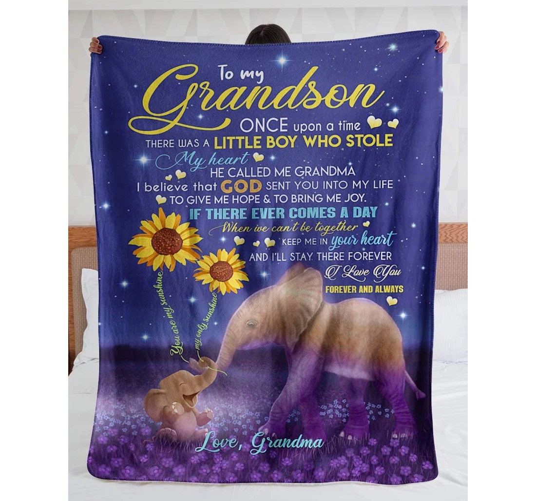 Throw Blanket, Quilt - Personalized Elephant To My Grandson From Grandma Print Elephant Sunflower Customized Light Weight Gift Sherpa Fleece