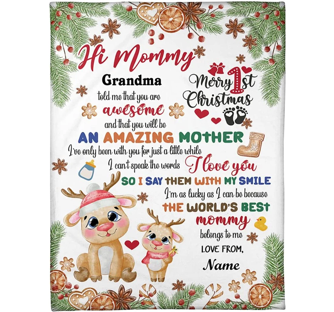 Throw Blanket, Quilt - Personalized Hi Mommy Reindeer New Mom From Baby And Grandma Customized Cute Reindeer Xmas Bedroom Gifts Sherpa Fleece