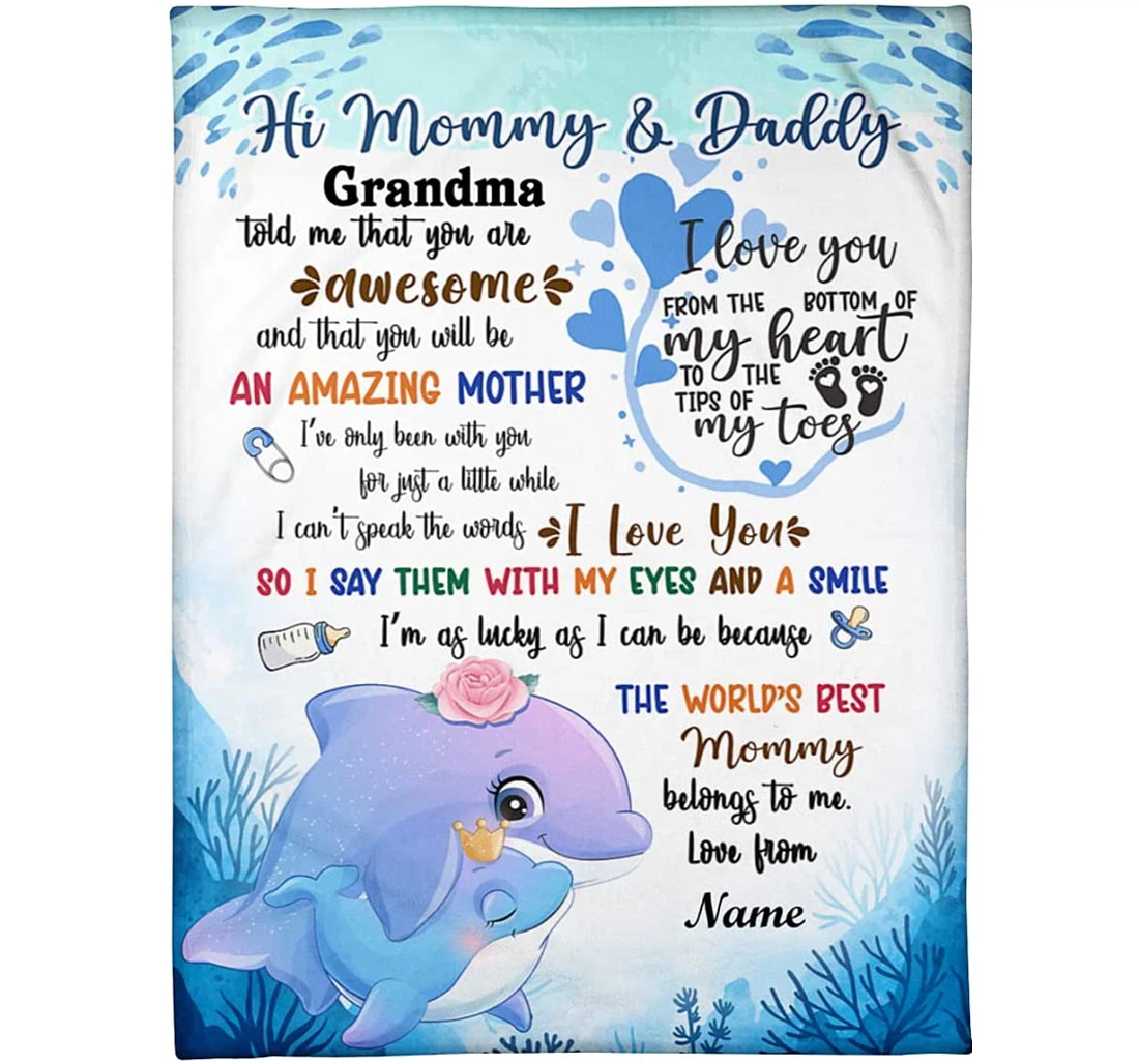 Throw Blanket, Quilt - Personalized Dolphin White Premium New Mom And Dad From Baby Bump Custom Name Dolphin Family Bedroom Gifts Sherpa Fleece