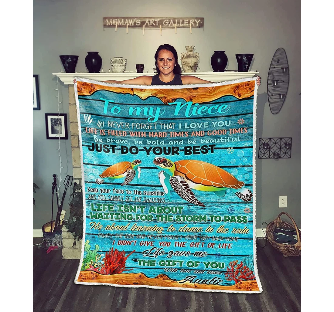 Throw Blanket, Quilt - Personalized Turtle Family To My Niece From Aunt Auntie Customized Green Turtle In The Beach Gifts Sherpa Fleece