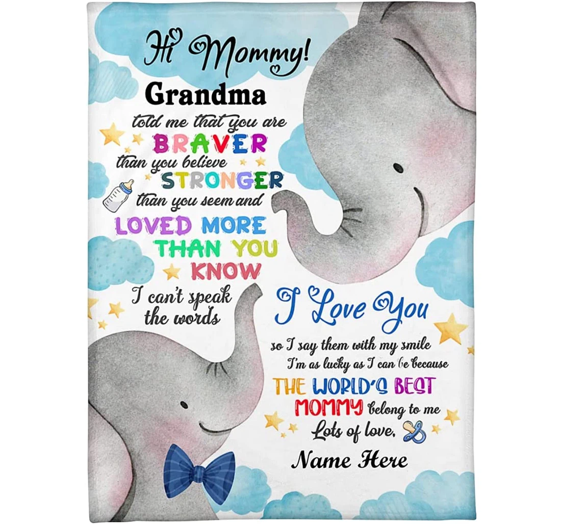 Throw Blanket, Quilt - Personalized Hi Mommy Elephant New Mother From Grandma And Baby Customized Cute Elephants Reversible Bedroom Gifts Xmas Sherpa Fleece