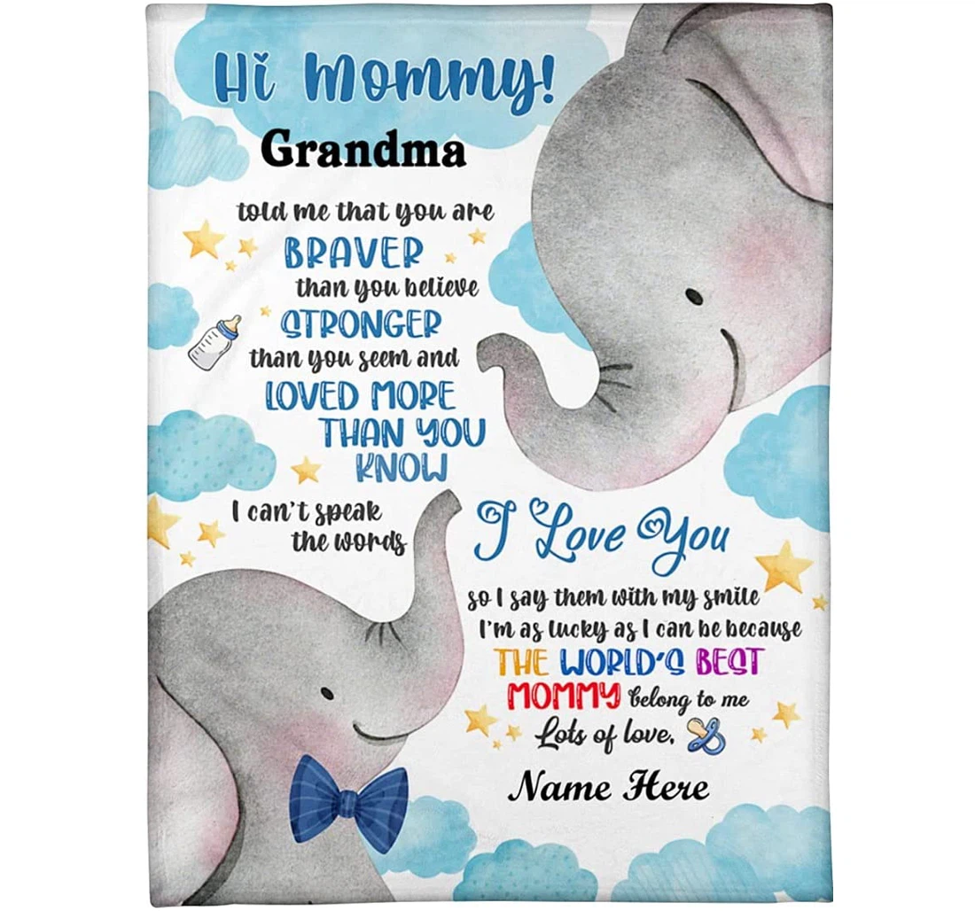 Throw Blanket, Quilt - Personalized Hi Mommy Elephant New Mom From Baby And Grandma Customized Cute Elephants Bedroom Gifts First Autumn Sherpa Fleece