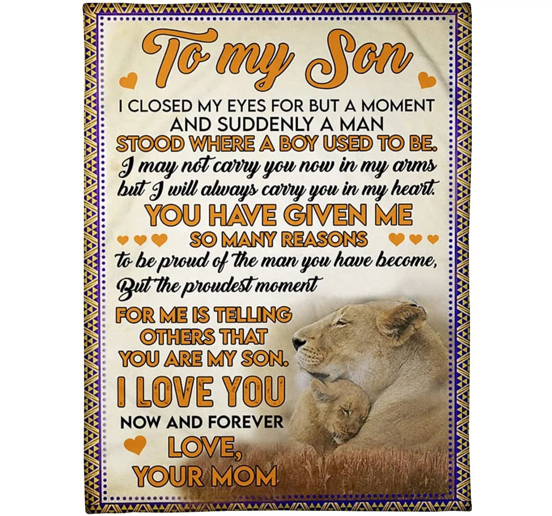 Throw Blanket, Quilt - Personalized Family To My Son From Mom Custom Name Mother And Baby Boy Lions Together Art Bedroom Gifts Son Sherpa Fleece