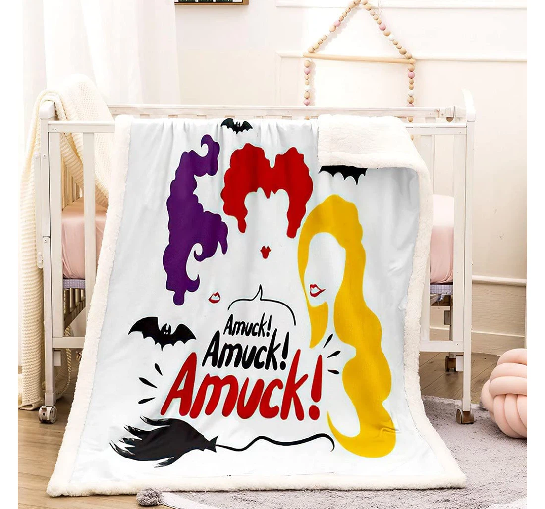 Throw Blanket, Quilt - Hocus Pocus Reversible Halloween Quote Patterned Baby Size Sherpa Fleece