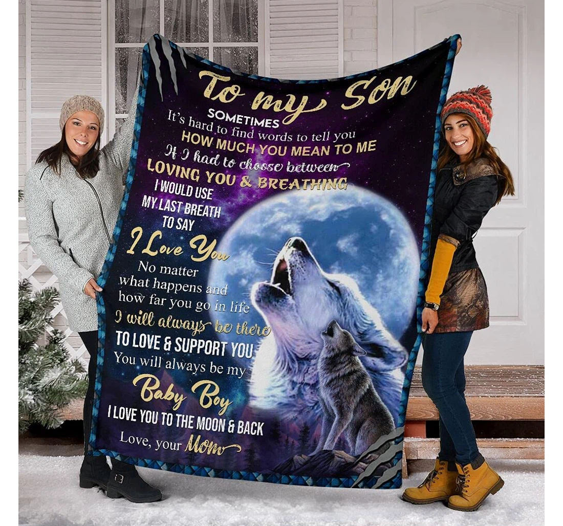 Throw Blanket, Quilt - Personalized Wolf To My Son Custom Name Mother And Son Wolf Howling In The Dark Sky Moon Art Bedding Gifts Son Xmas Sherpa Fleece