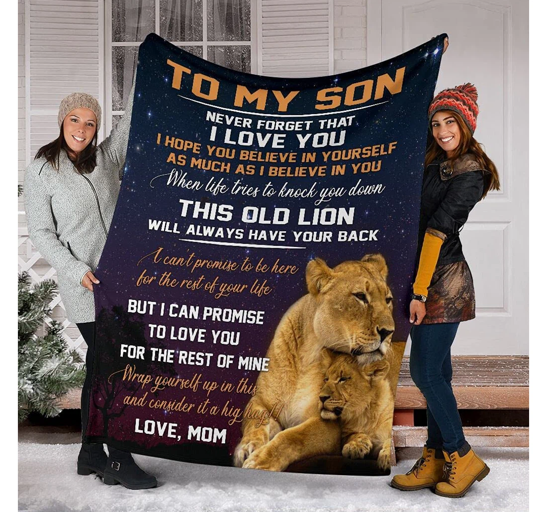 Throw Blanket, Quilt - Personalized Lion To My Son From Mom Custom Name Mother And Son Crown Lion In The Dark Sky Happiness Bedding Gifts Son Sherpa Fleece