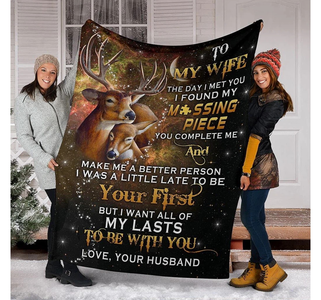 Throw Blanket, Quilt - Personalized Love To My Wife From Husband Custom Name Family Happiness Deer Couple Together In The Snow Gifts Xmas Weeding Valentines Sherpa Fleece