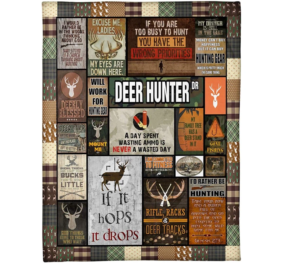 Throw Blanket, Quilt - Personalized Deer Hunter If It Hops It Drops Deer Sherpa Fleece