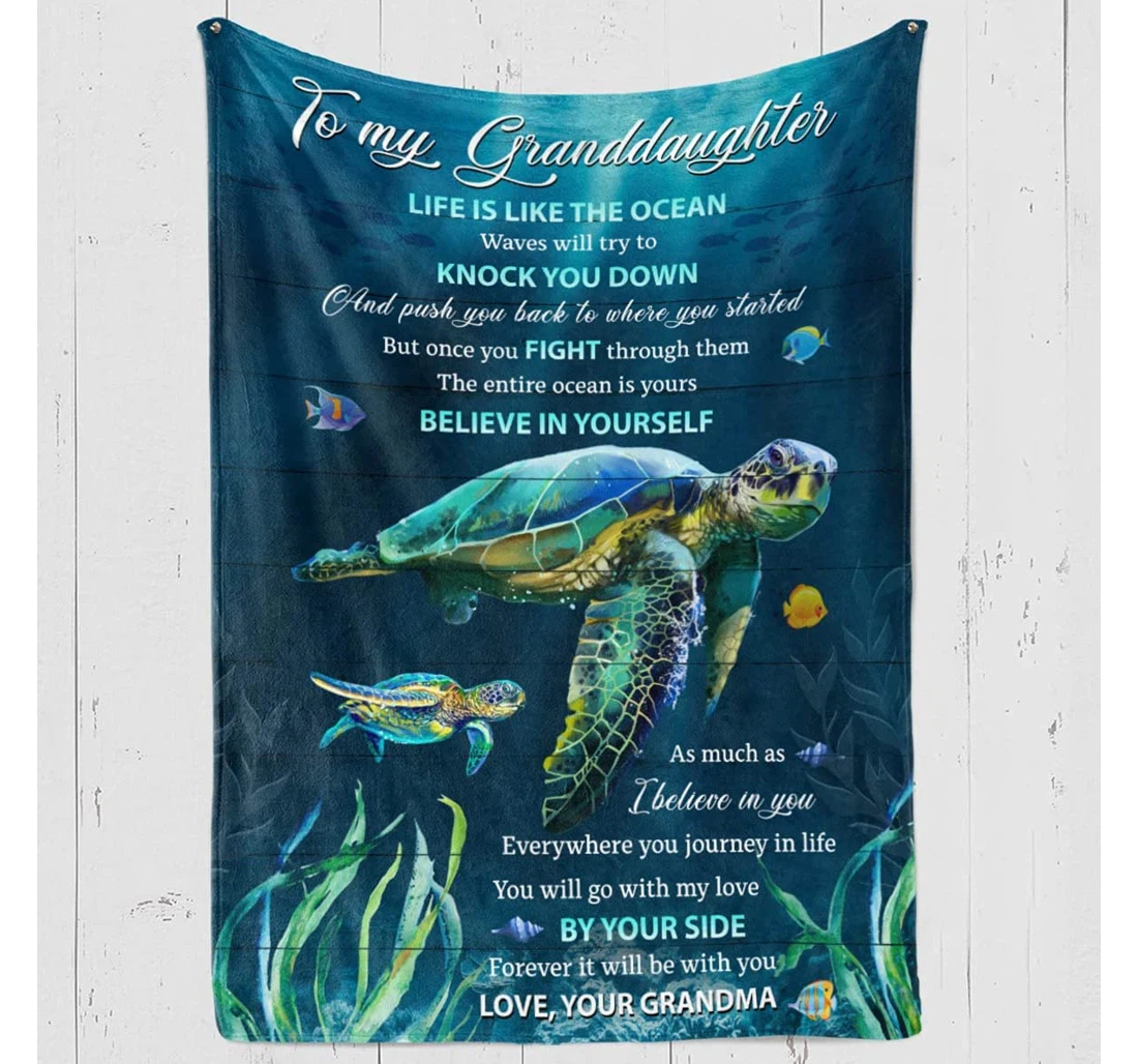 Throw Blanket, Quilt - Personalized Family Turtle To My Granddaughter From Grandma Custom Name Beautiful Two Turtle Swimming In The Ocean Art Gifts Xmas Sherpa Fleece