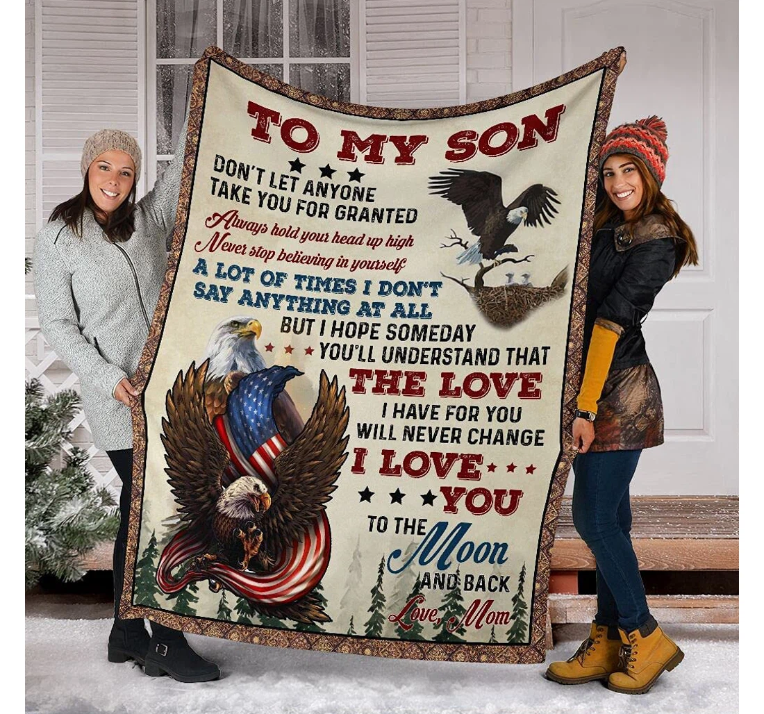 Throw Blanket, Quilt - Personalized Family To My Son From Mom Custom Name Braver Mother And Baby Eagles American Flag Style Art Bedding Gifts Sherpa Fleece