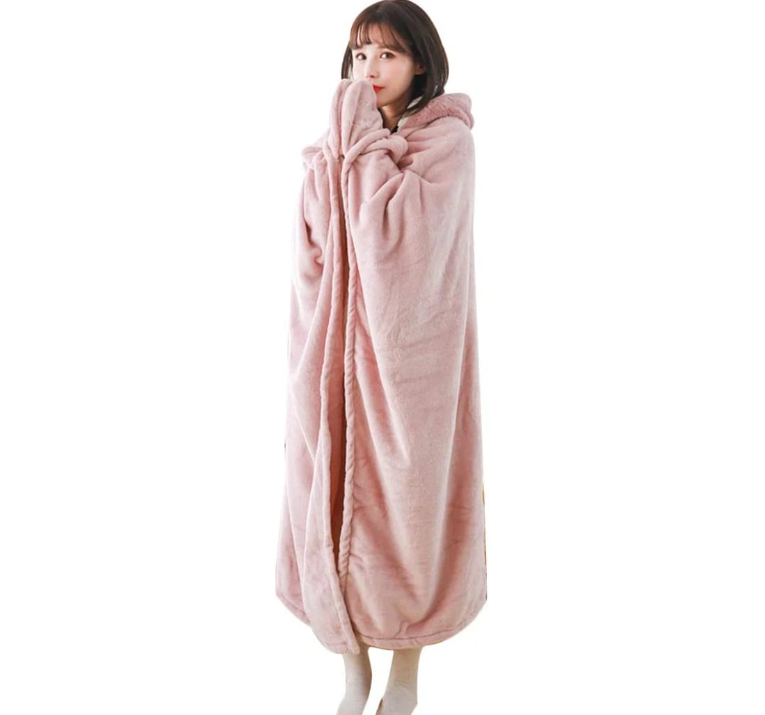 Throw Blanket, Quilt - Hoodie Women Hooded Girls Pink Homewear Pajamas Office Family Travel And Rest Color Pink Sherpa Fleece