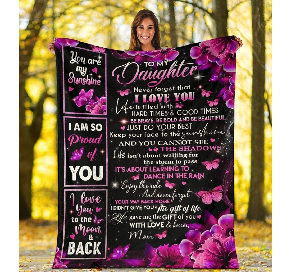 Throw Blanket, Quilt - Personalized To My Daughter From Mom Custom Name Never Forget I Love You Quotes Purple Hibiscus Violet Flowers Butterfly Design Custom Gifts Sherpa Fleece