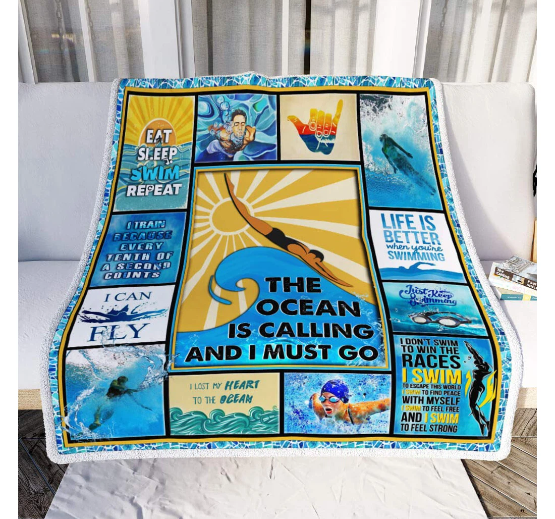 Throw Blanket, Quilt - Personalized Gifts Swimming – The Ocean Is Calling And I Must Gifts Valentine Sherpa Fleece