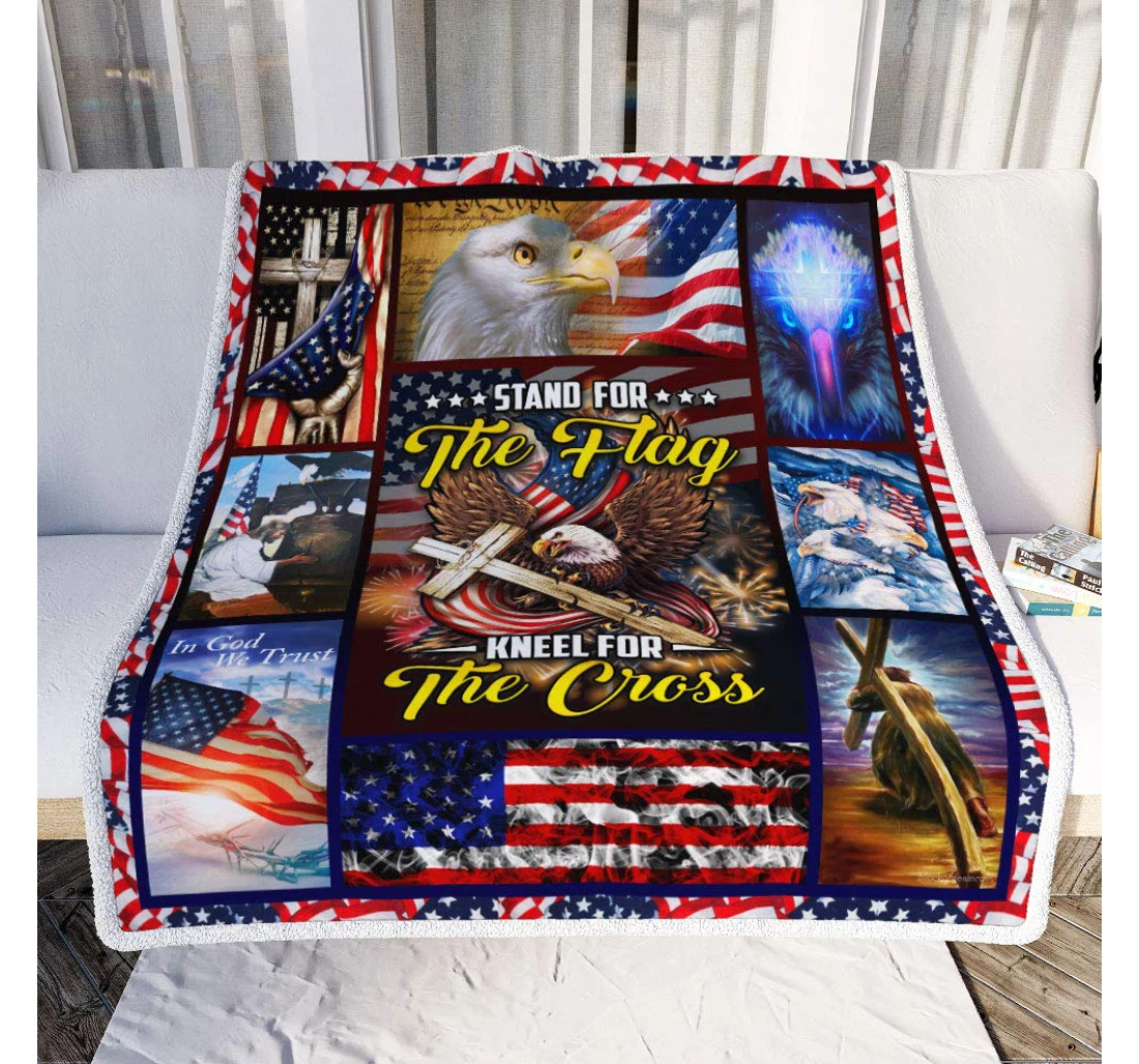 Throw Blanket, Quilt - Personalized Gifts Stand The Flag Kneel The Cross Eagle Gifts Valentine Sherpa Fleece