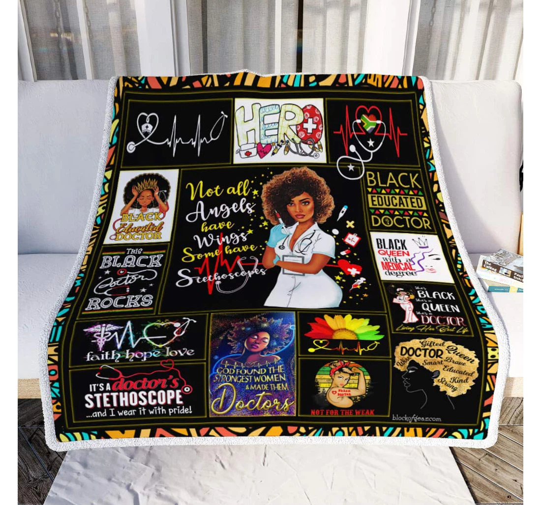 Throw Blanket, Quilt - Personalized Gifts Proud Black Doctor Not All Angels Have Wings Some Have Stethoscopes Gifts Valentine Sherpa Fleece