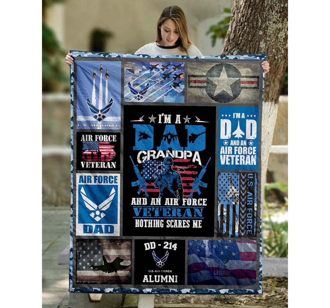 Throw Blanket, Quilt - Personalized Gifts I Am Dad Grandpa And An Airforce Veteran Us Flag Army Family Sherpa Fleece