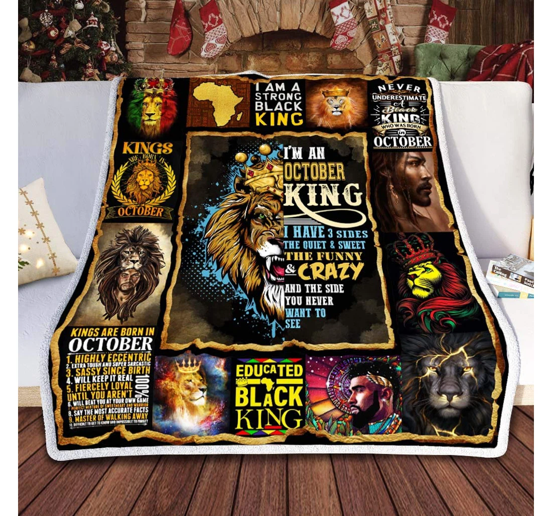 Throw Blanket, Quilt - Personalized Gifts October King. Black Men. Lion Gifts Valentine Sherpa Fleece