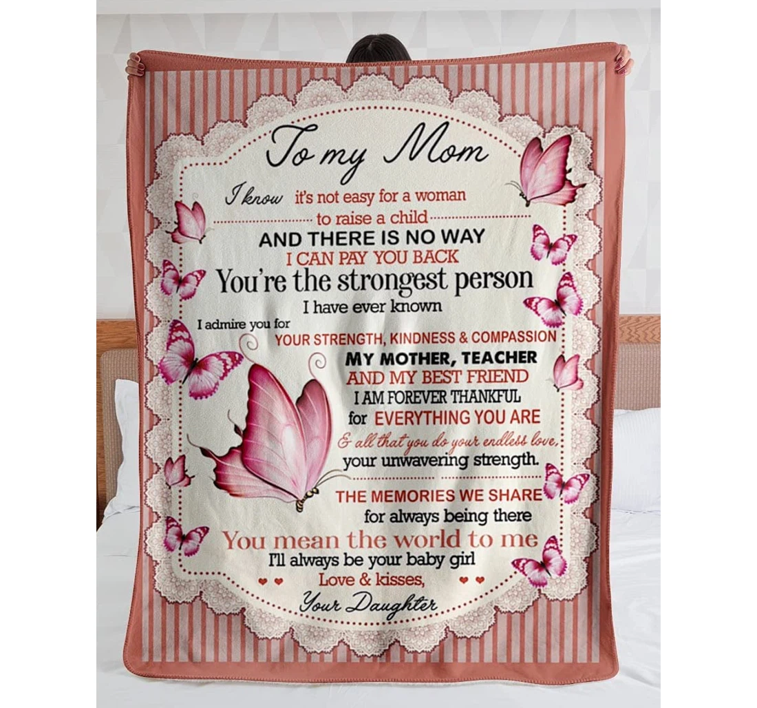 Throw Blanket, Quilt - Personalized Butterfly Striped Mom From Daughter Custom Name Beautiful Pink Butterflies Velvet Room Gifts Mother Sherpa Fleece