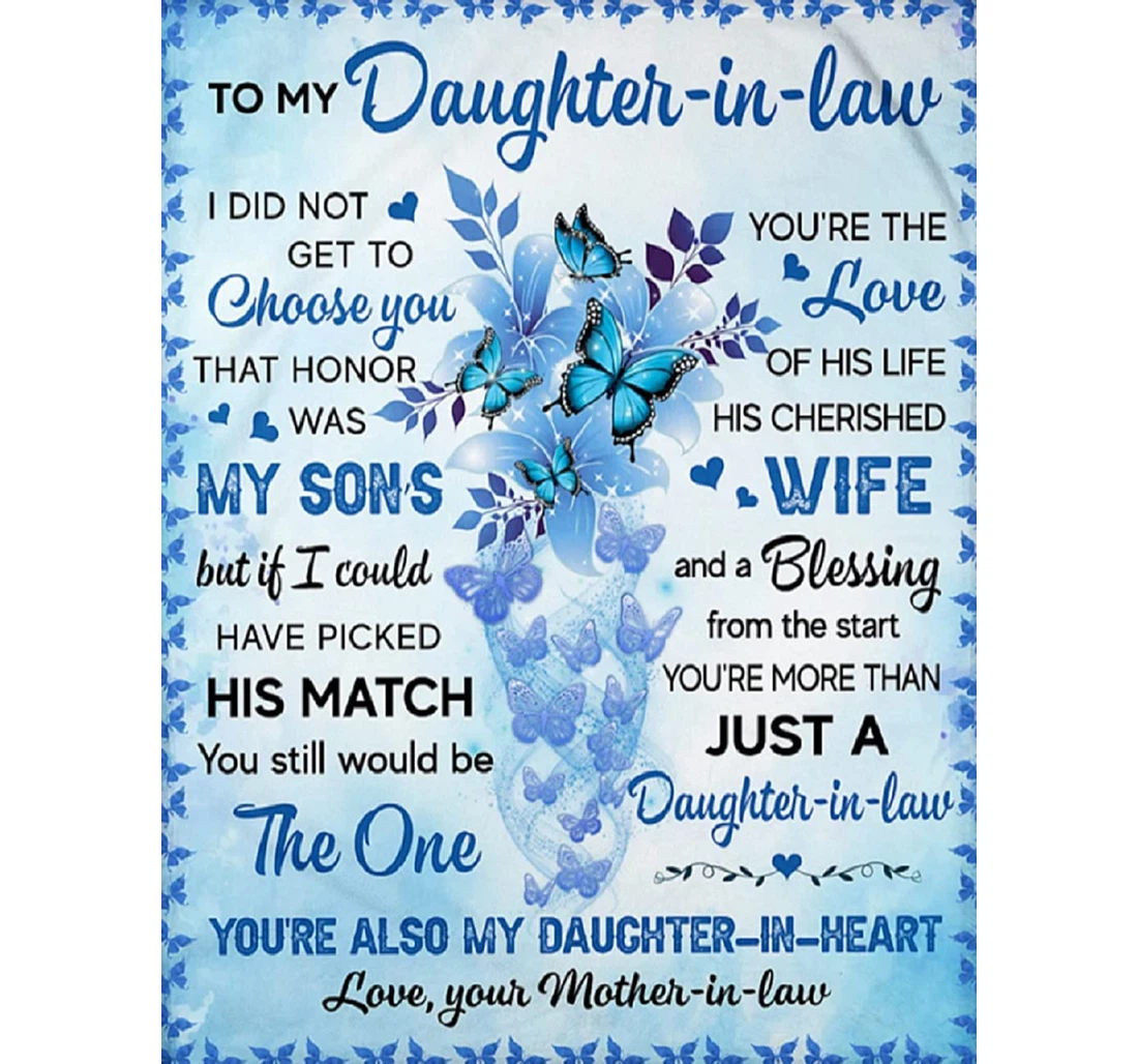 Throw Blanket, Quilt - Personalized Butterfly Daughter In Law From Mother In Law Custom Name Blue Butterflies Flying Around Lily Flower Bedding Gifts Girl Sherpa Fleece