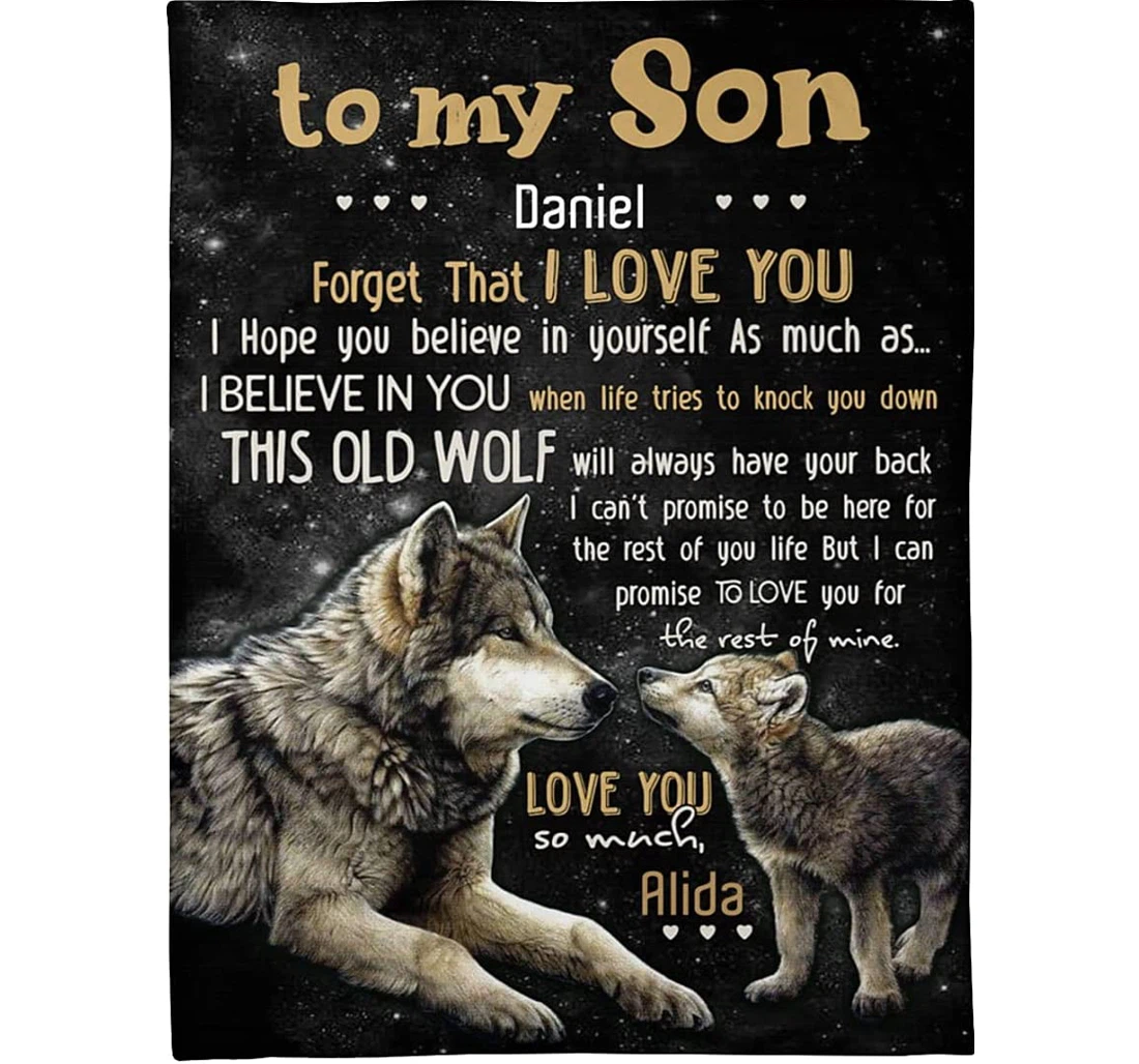 Throw Blanket, Quilt - Personalized Wolf To My Son From Mom Custom Name Snow Wolf Baby Face Half Never Forget That I Love You Gifts Xmas Sherpa Fleece