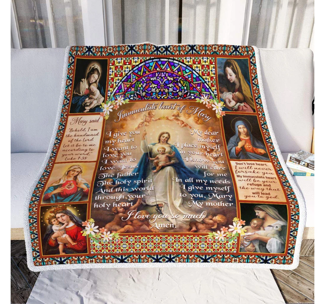 Throw Blanket, Quilt - Personalized Gifts Immaculate Heart Of Mary I Give You My Heart. Solemnity Of Mary Gifts Valentine Sherpa Fleece