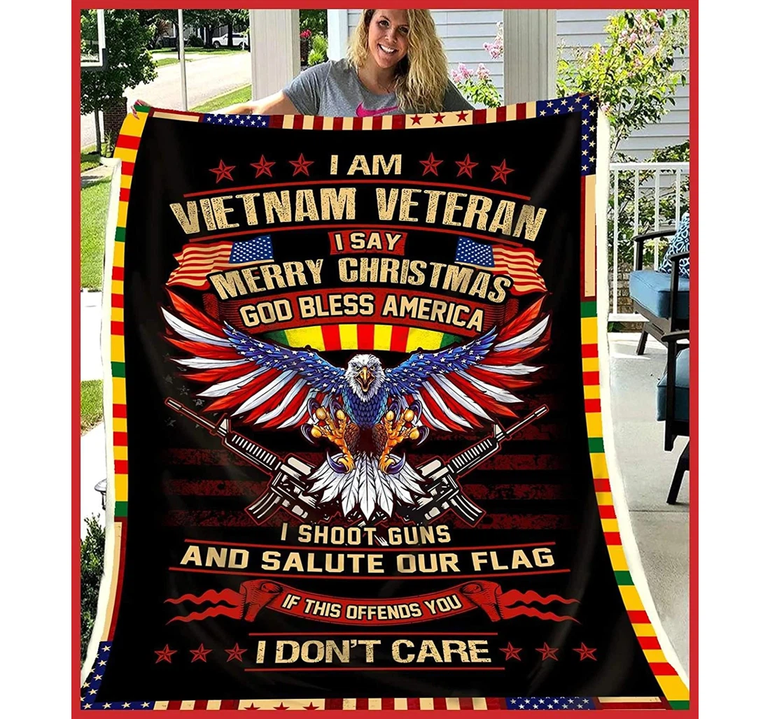 Throw Blanket, Quilt - Personalized Gifts I Am Vietnam Veteran I Say Merry America Eagle Army Sherpa Fleece