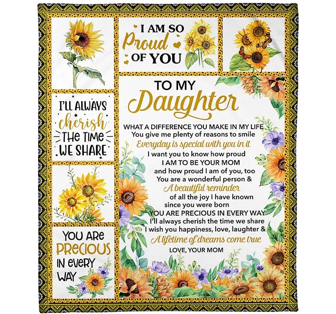 Throw Blanket, Quilt - Personalized Sunflower Daughter From Mom Custom Name Beautiful Sunflower Velvet Room Gifts Baby Girl Xmas Sherpa Fleece